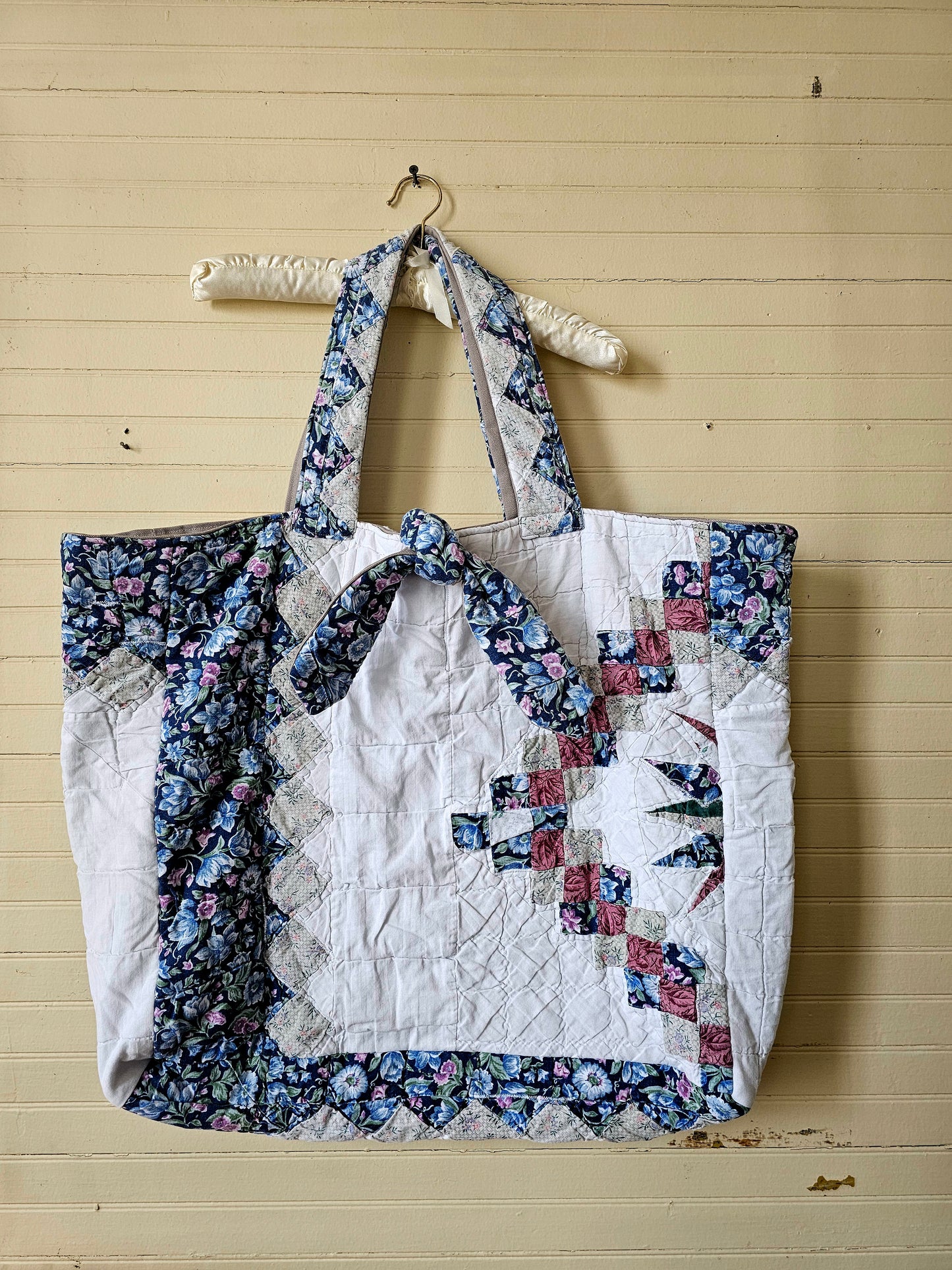 Handmade quilt bag, blue pink white patchwork floral large oversized carryall tote fully lined cream canvas inside pocket tie closure grandmillennial