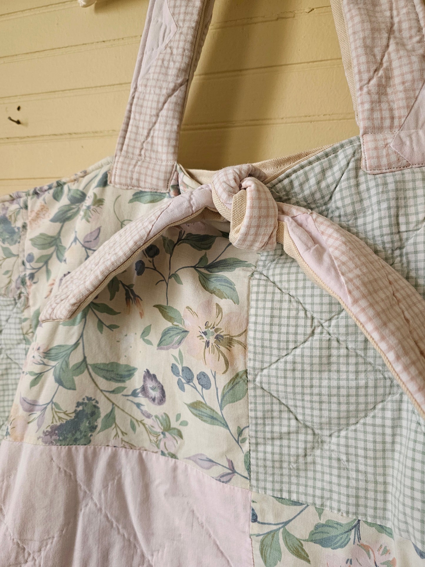 Handmade quilt bag, green pink patchwork floral large oversized carryall tote fully lined cream canvas tie closure inside pocket refashioned repurposed upcycled granny chic