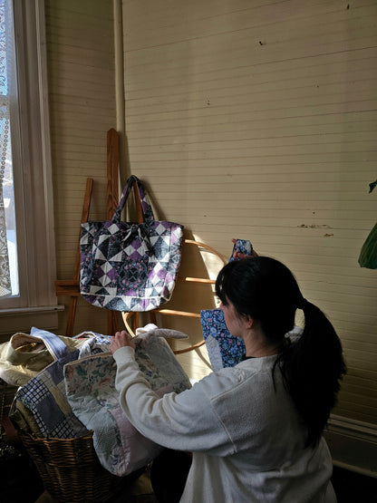 Handmade quilt bag, purple black patchwork repurposed refashioned upcycled large oversized carryall fully lined gray canvas tie closure inside pocket granny chic