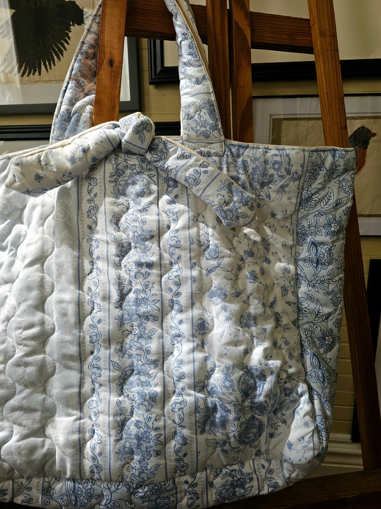 Handmade quilt bag, blue white quilted floral large oversized carryall tote fully lined cream canvas inside pocket tie closure grandmillennial