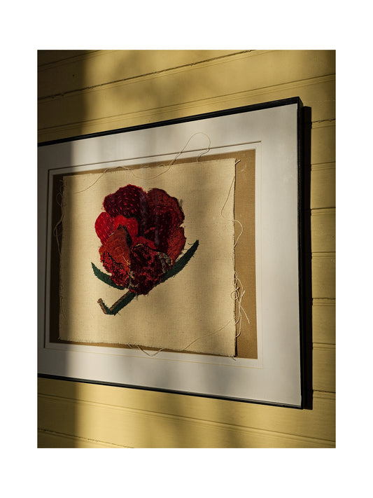 Red Rose, original art hand embroidered raw edge applique upcycled fabrics textile art