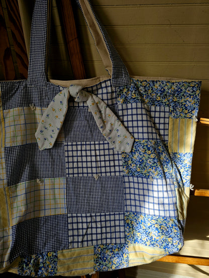 Handmade quilt bag, blue yellow upcycled repurposed refashioned patchwork large oversized carryall  tie closure inside pocket fully lined canvas granny chic