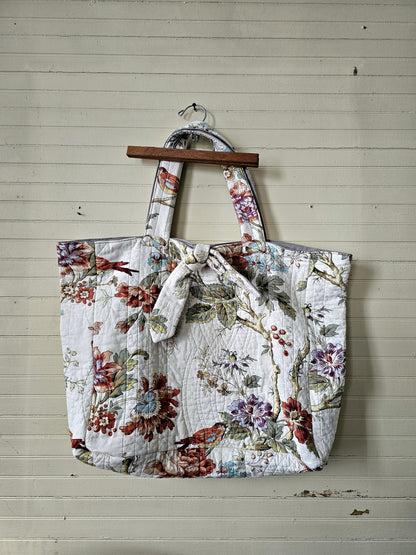 Handmade quilt tote, upcycled repurposed large oversized coverlet floral paisley nature bird red brown earth tones tie closure inside pocket