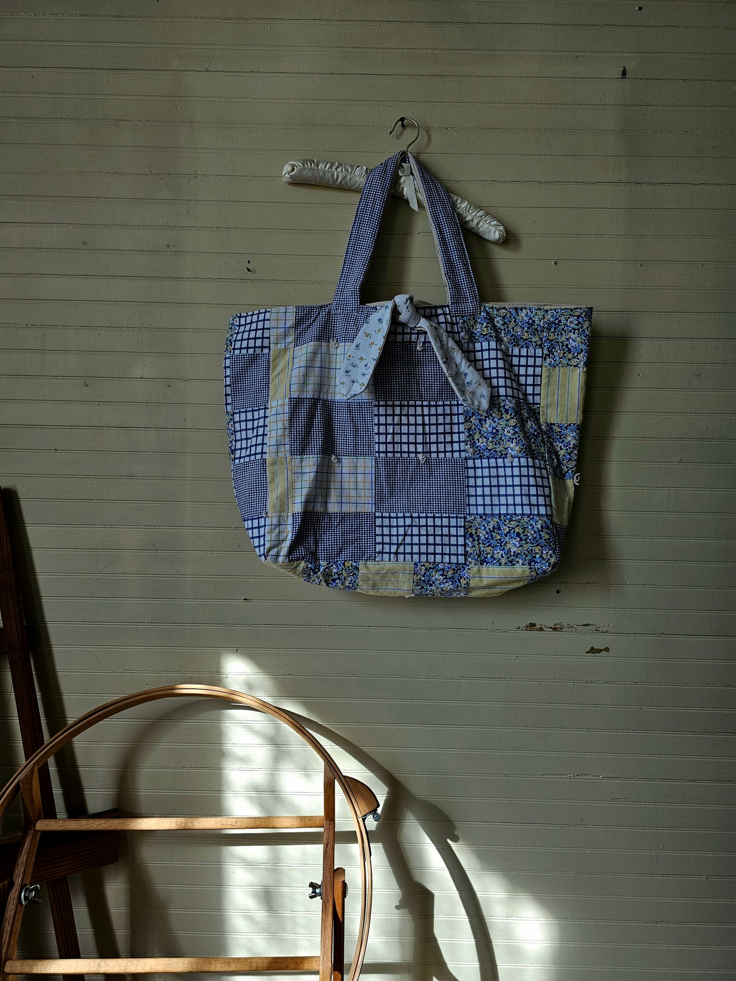 Handmade quilt bag, blue yellow upcycled repurposed refashioned patchwork large oversized carryall  tie closure inside pocket fully lined canvas granny chic
