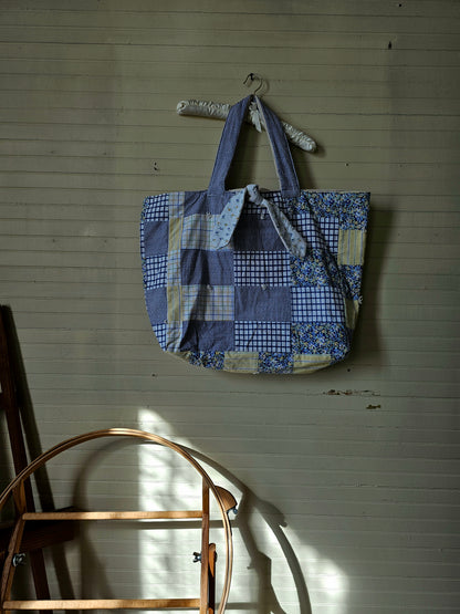 Handmade quilt bag, blue yellow upcycled repurposed refashioned patchwork large oversized carryall  tie closure inside pocket fully lined canvas granny chic