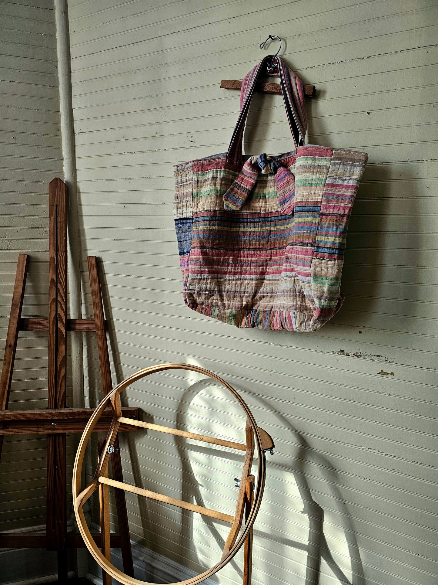 Handmade quilt bag, tote carryall large oversized upcycled repurposed lined pocket stripes rainbow colorful tie closure