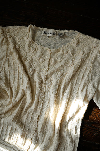 Vintage sweater top, Allison Smith medium acrylic knit cream button up short sleeves floral rosettes romantic granny chic