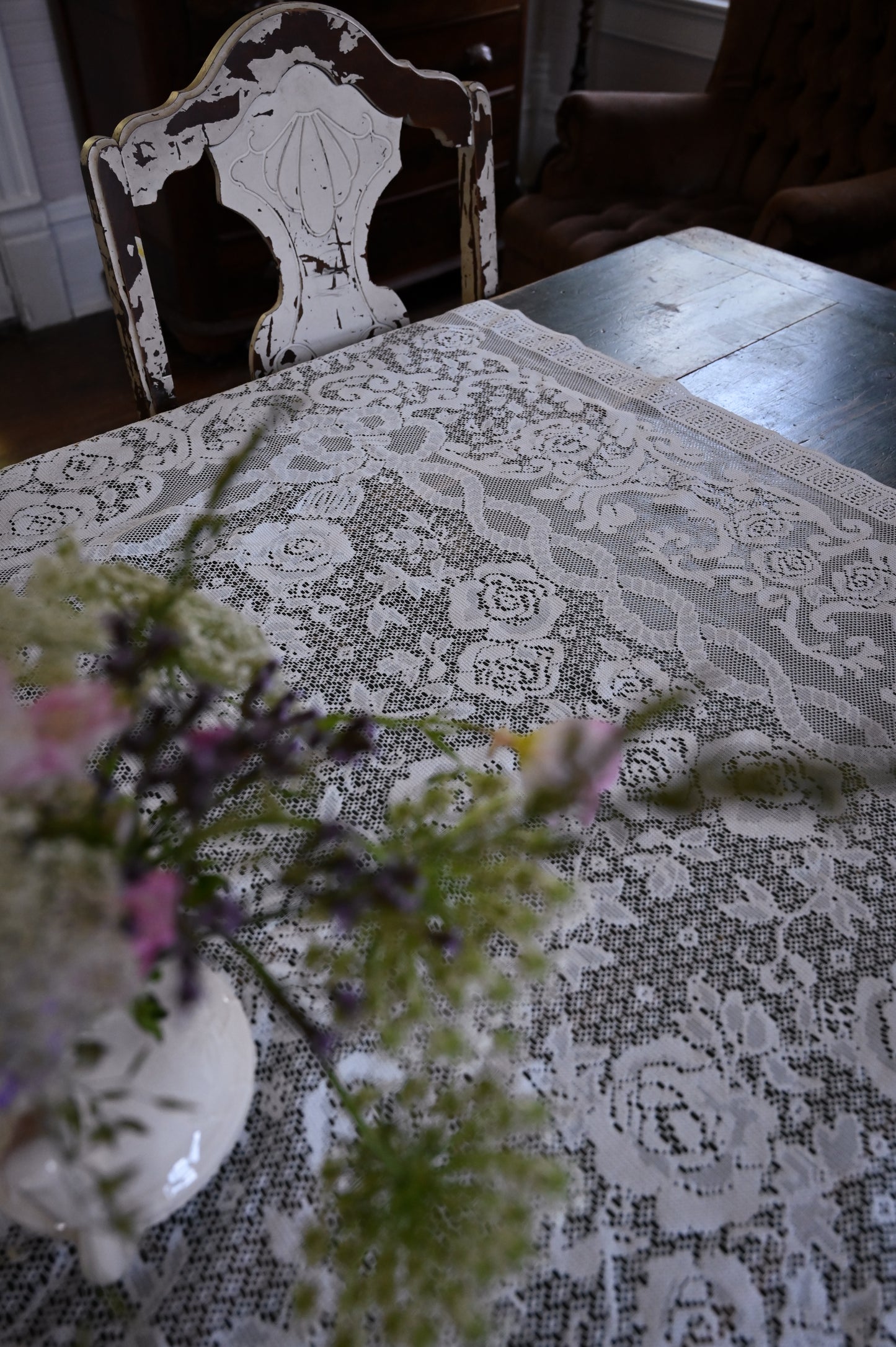 Vintage tablecloth, rectangle floral rose lace creamy white romantic dreamy country granny
