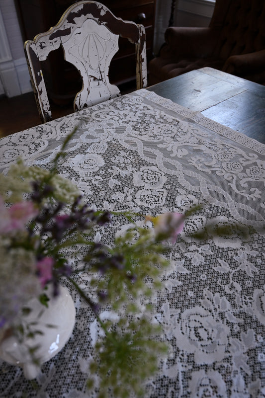 Vintage tablecloth, rectangle floral rose lace creamy white romantic dreamy country granny