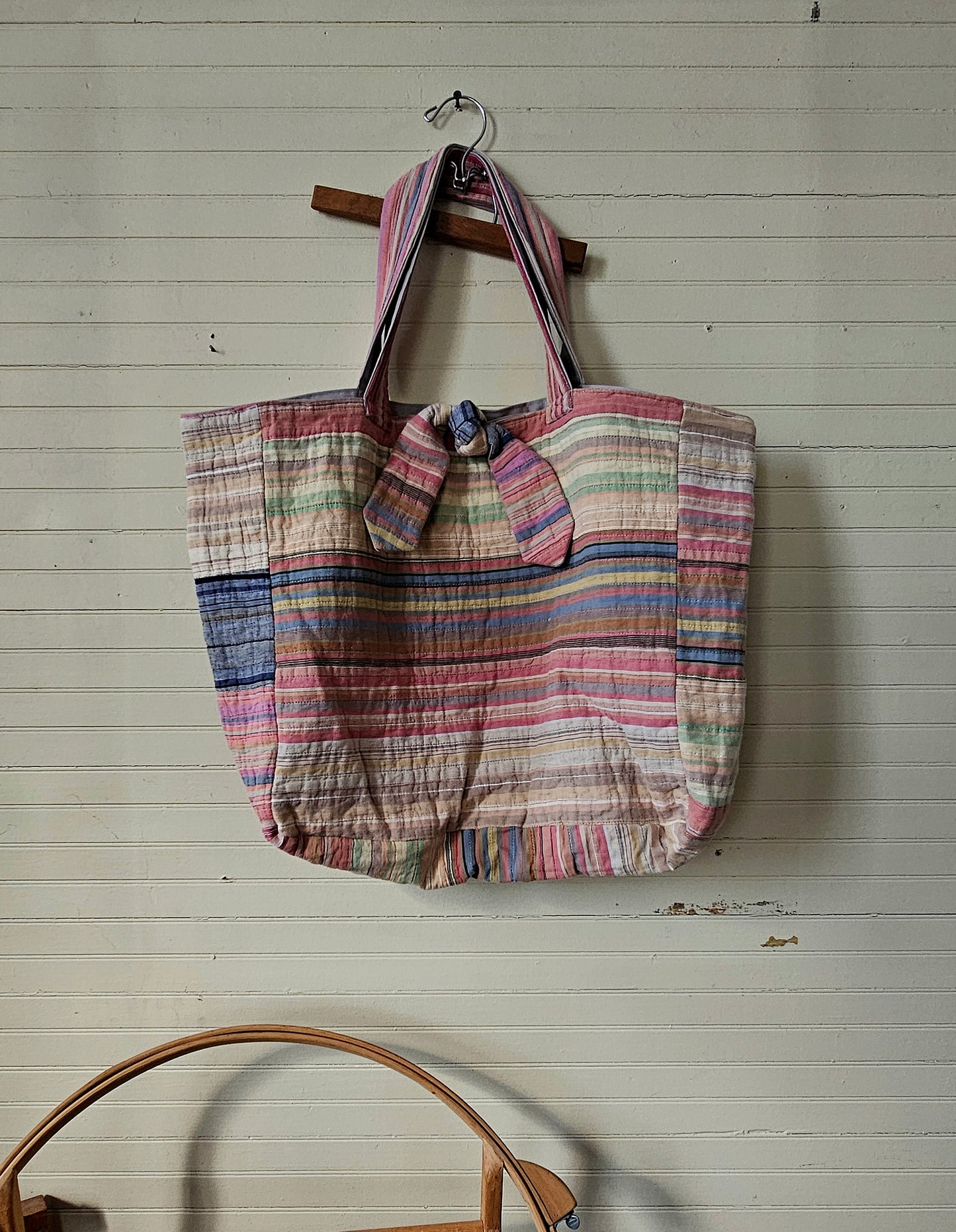 Handmade quilt bag, tote carryall large oversized upcycled repurposed lined pocket stripes rainbow colorful tie closure