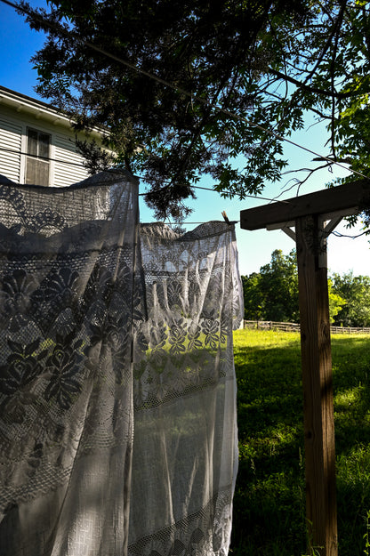 Vintage curtains, lace white floral rose set of 4 panels valance swag tiered scallop edge romantic