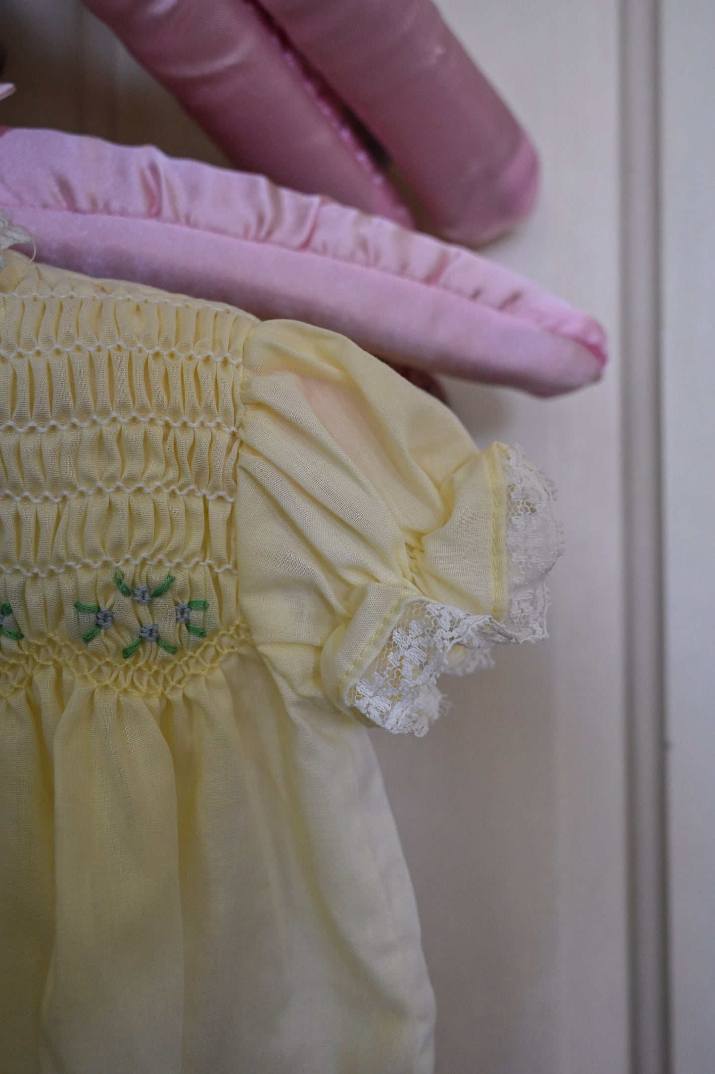 Vintage baby dress, Polly Flanders 3 to 9 mos yellow lace smocked floral button back short sleeves