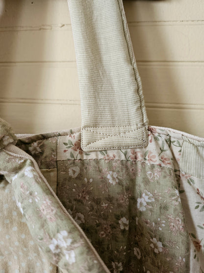 Handmade quilt bag, large oversized tote upcycled repurposed green floral nature earth tones fully lined canvas inside pocket tie closure granny chic