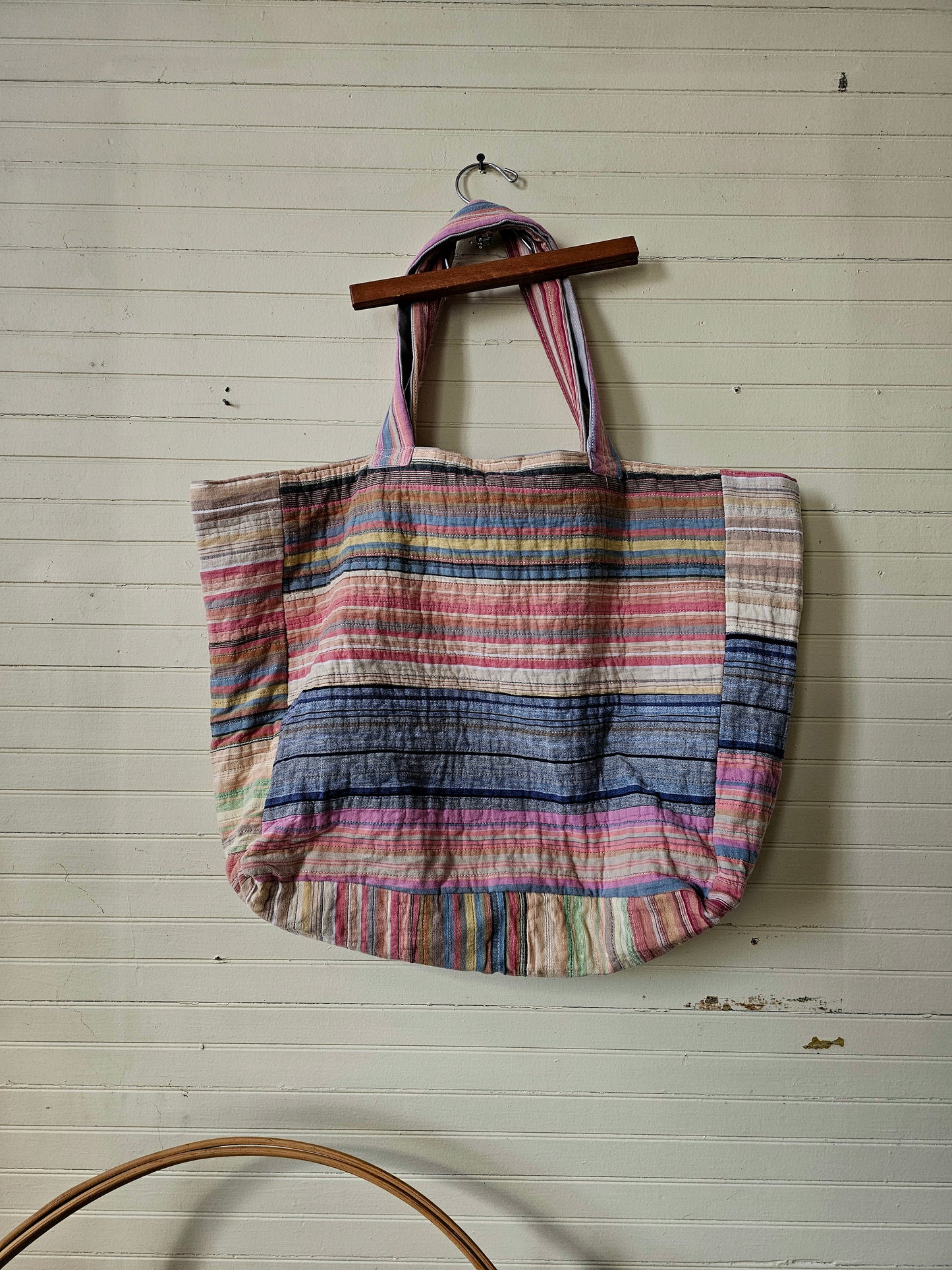 Handmade quilt bag, tote carryall large oversized upcycled repurposed lined pocket stripes rainbow colorful tie closure