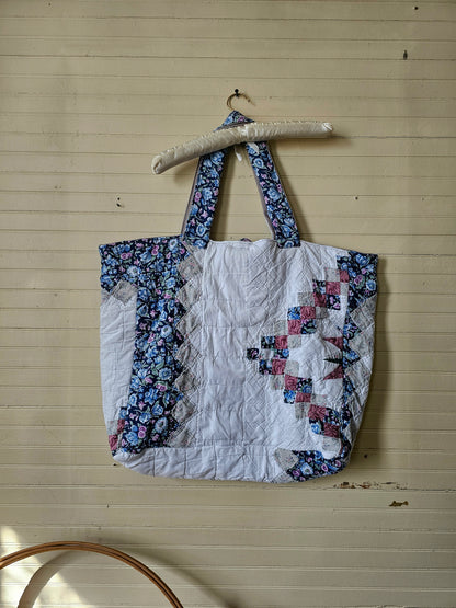 Handmade quilt bag, blue pink white patchwork floral large oversized carryall tote fully lined cream canvas inside pocket tie closure grandmillennial