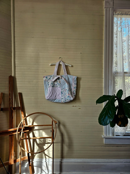Handmade quilt bag, green pink patchwork floral large oversized carryall tote fully lined cream canvas tie closure inside pocket refashioned repurposed upcycled granny chic