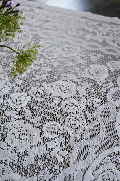 Vintage tablecloth, rectangle floral rose lace creamy white romantic dreamy country granny