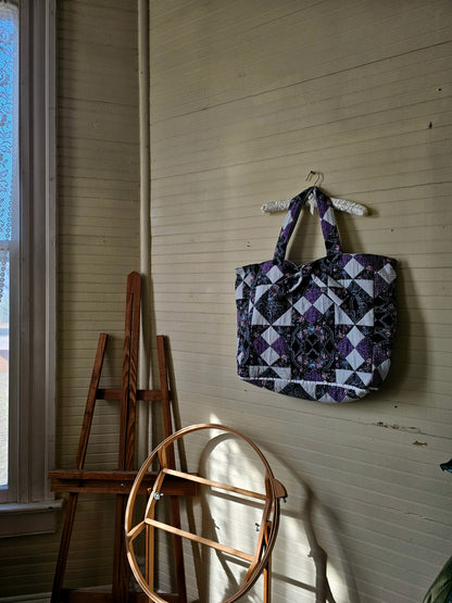 Handmade quilt bag, purple black patchwork repurposed refashioned upcycled large oversized carryall fully lined gray canvas tie closure inside pocket granny chic