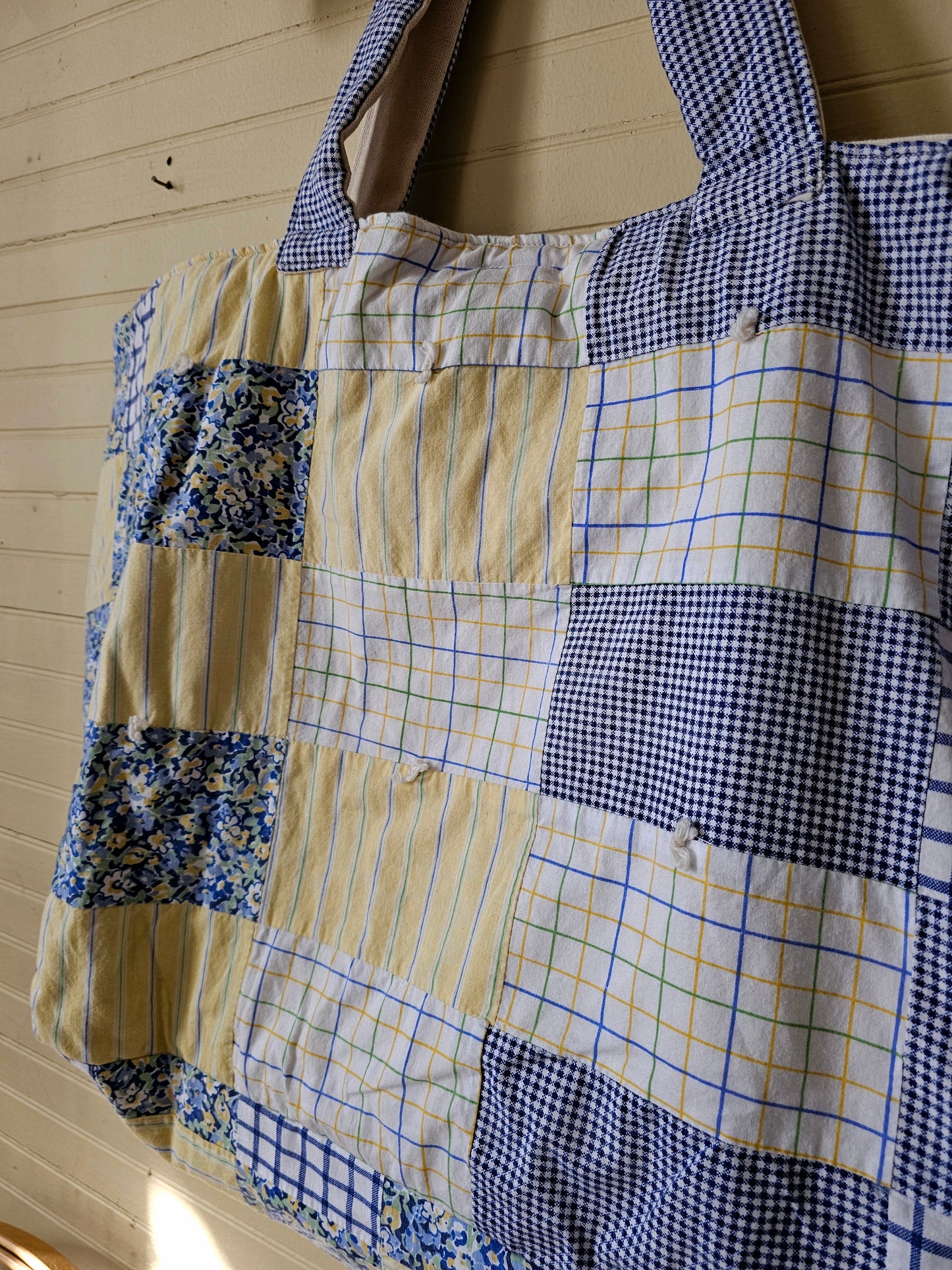Handmade quilt bag, blue yellow upcycled repurposed refashioned patchwork large oversized carryall  tie closure inside pocket fully lined canvas granny chic