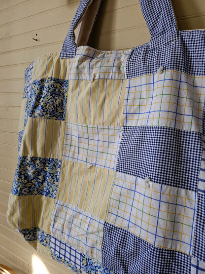 Handmade quilt bag, blue yellow upcycled repurposed refashioned patchwork large oversized carryall  tie closure inside pocket fully lined canvas granny chic