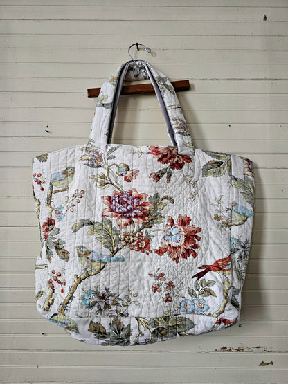 Handmade quilt tote, upcycled repurposed large oversized coverlet floral paisley nature bird red brown earth tones tie closure inside pocket