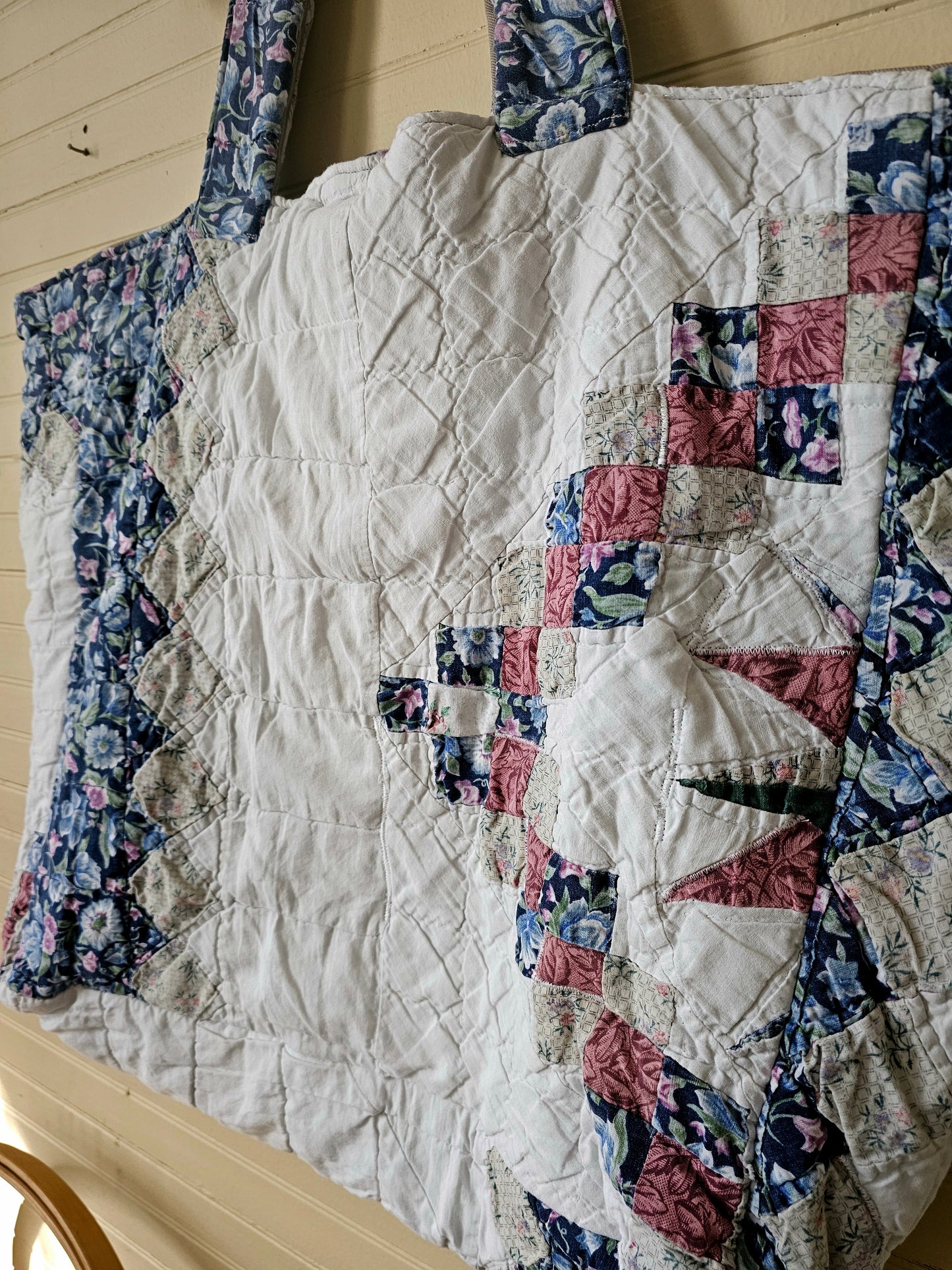 Handmade quilt bag, blue pink white patchwork floral large oversized carryall tote fully lined cream canvas inside pocket tie closure grandmillennial