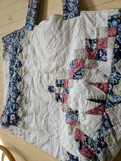 Handmade quilt bag, blue pink white patchwork floral large oversized carryall tote fully lined cream canvas inside pocket tie closure grandmillennial