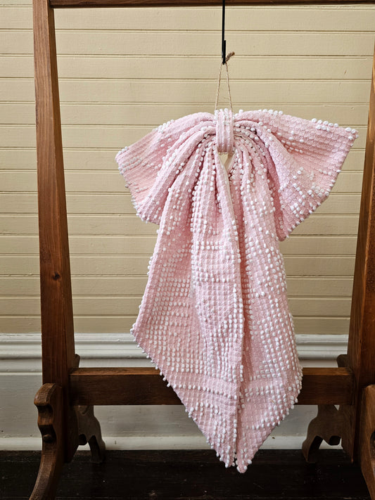 Handmade bow, pink chenille vintage fabric door decor large wreath upcycled neutral farmhouse shabby granny chic Easter springtime summer (Copy)