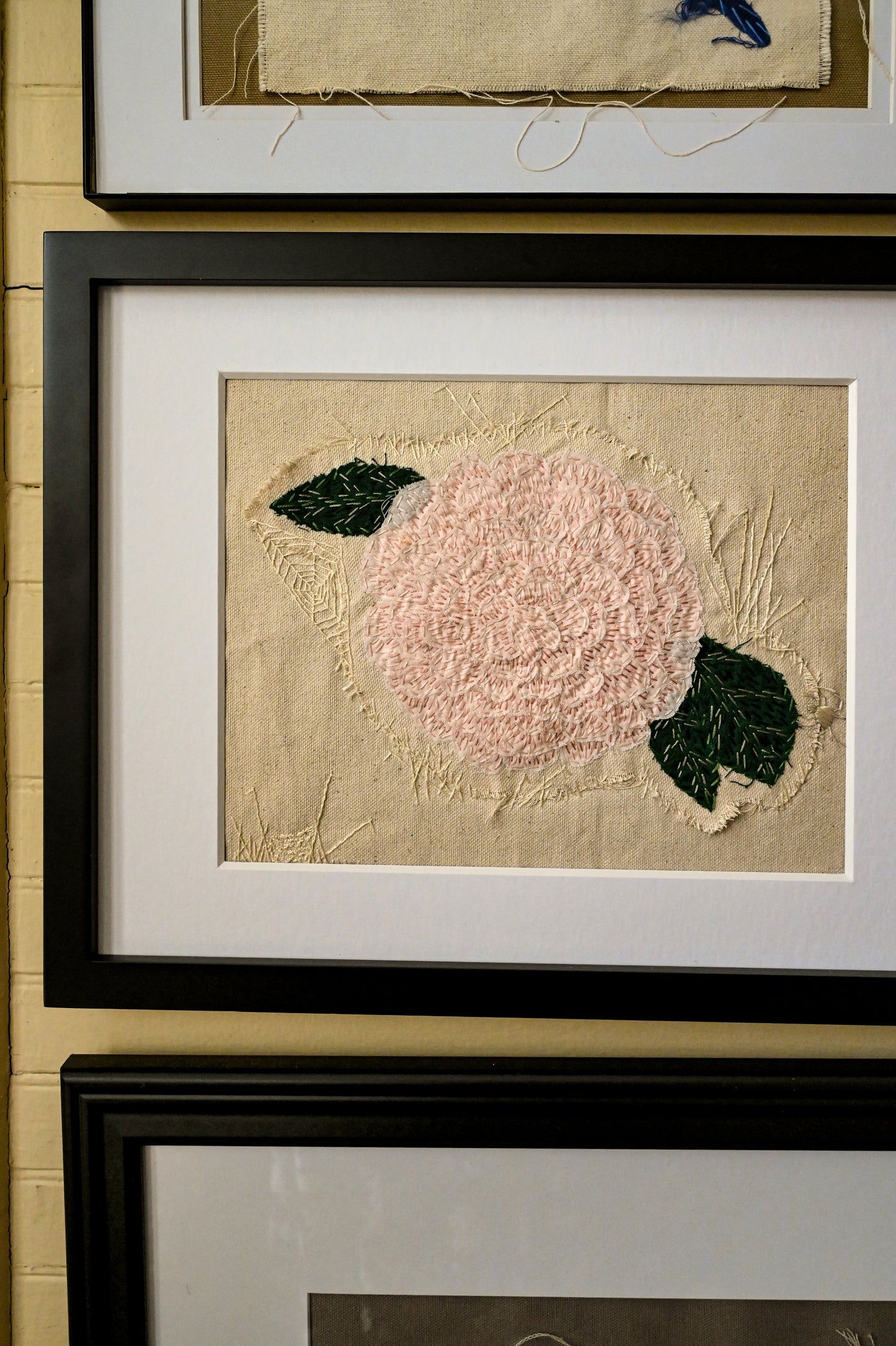 Camellia, original art hand embroidered raw edge applique upcycled fabrics textile art