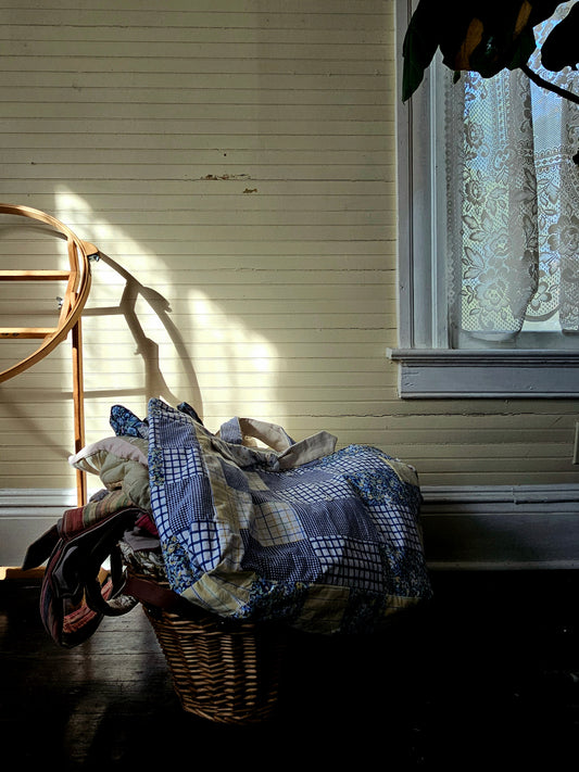 Handmade quilt bag, blue yellow upcycled repurposed refashioned patchwork large oversized carryall  tie closure inside pocket fully lined canvas granny chic