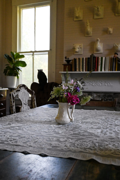 Vintage tablecloth, rectangle floral rose lace creamy white romantic dreamy country granny