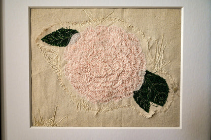 Camellia, original art hand embroidered raw edge applique upcycled fabrics textile art