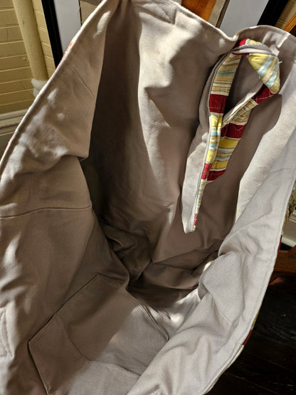 Handmade quilt bag, red brown earth tones quilted coverlet floral paisley large oversized carryall tote fully lined canvas tie closure inside pocket refashioned repurposed upcycled granny chic