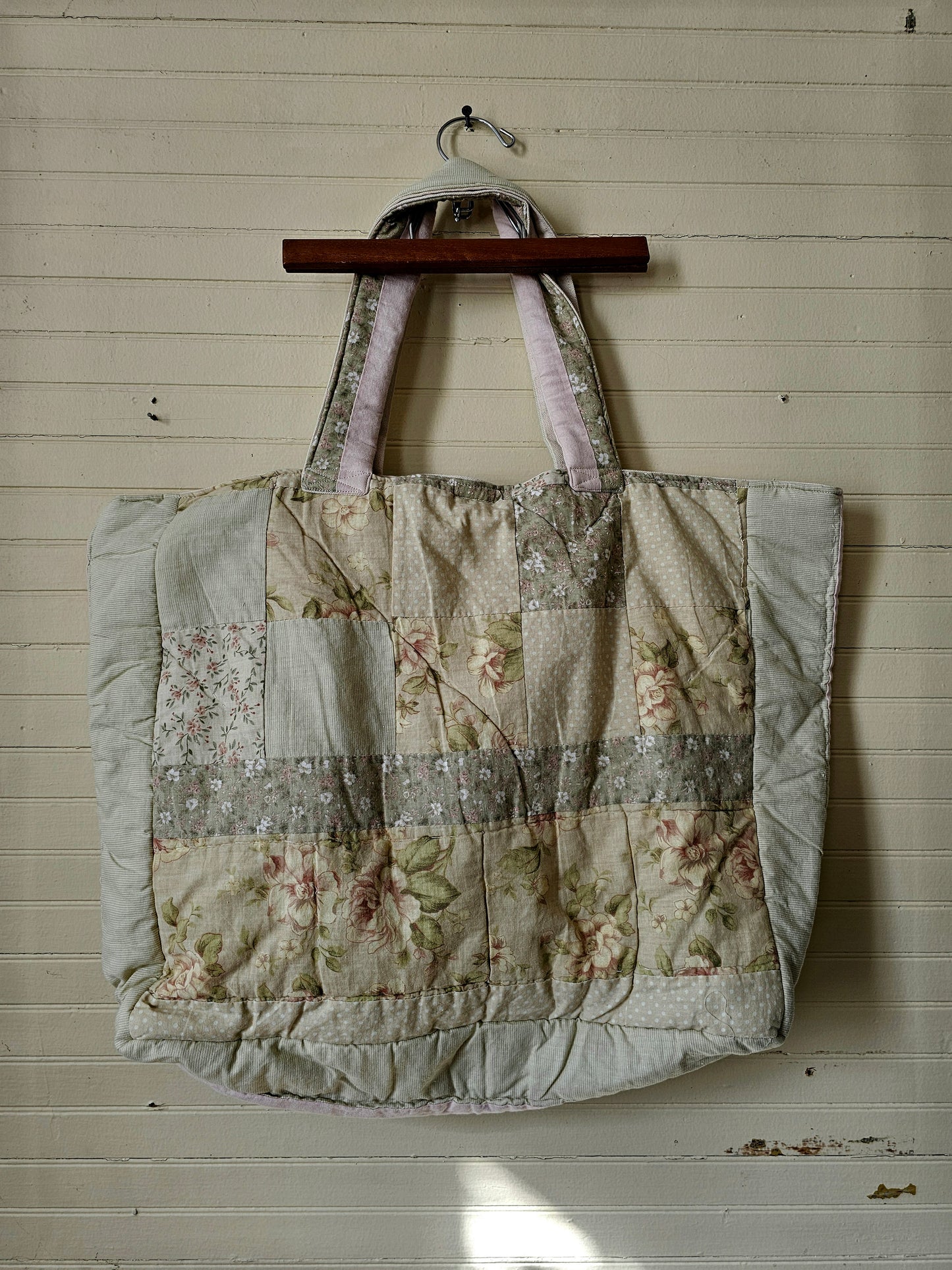 Handmade quilt bag, large oversized tote upcycled repurposed green floral nature earth tones fully lined canvas inside pocket tie closure granny chic
