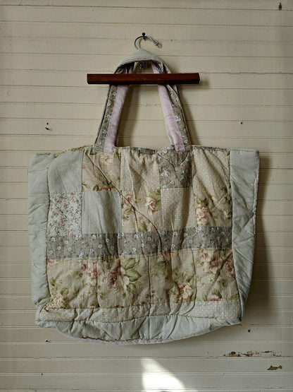 Handmade quilt bag, large oversized tote upcycled repurposed green floral nature earth tones fully lined canvas inside pocket tie closure granny chic