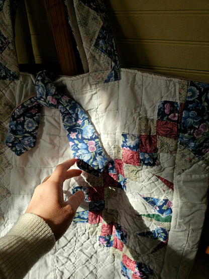 Handmade quilt bag, blue pink white patchwork floral large oversized carryall tote fully lined cream canvas inside pocket tie closure grandmillennial