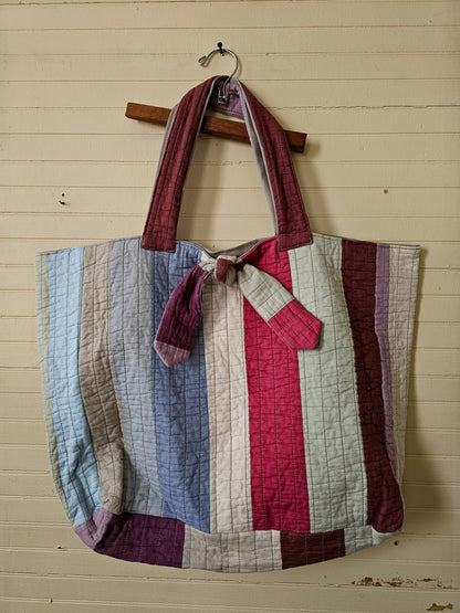 Handmade quilt bag, tote large oversized carry all striped upcycled repurposed rainbow multi-colored fully lined canvas inside pocket tie closure