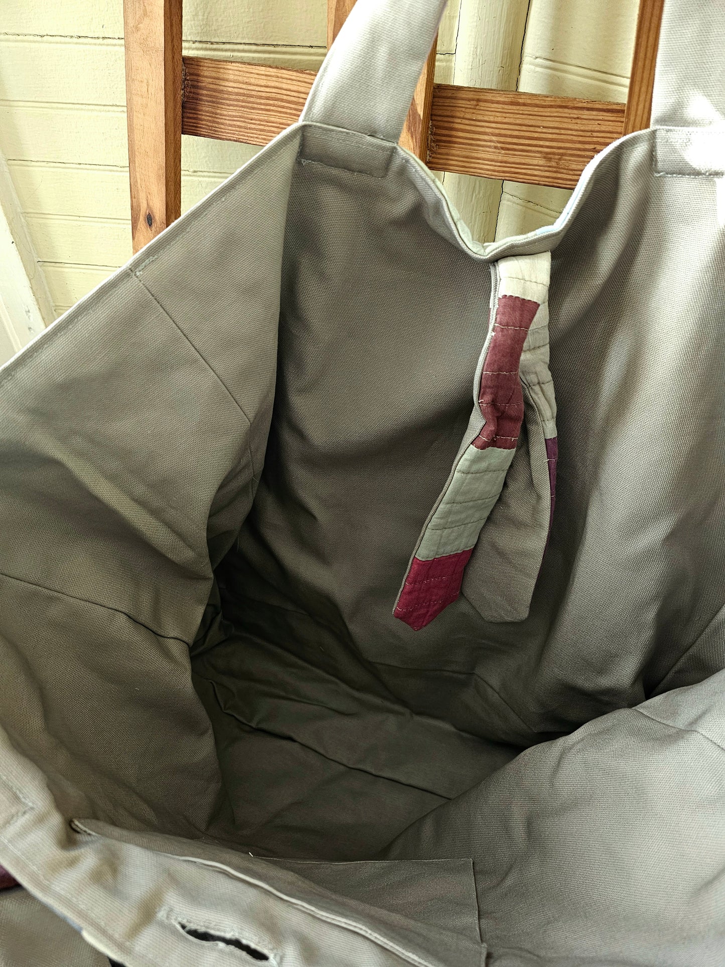 Handmade quilt bag, tote large oversized carry all striped upcycled repurposed rainbow multi-colored fully lined canvas inside pocket tie closure