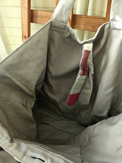 Handmade quilt bag, tote large oversized carry all striped upcycled repurposed rainbow multi-colored fully lined canvas inside pocket tie closure