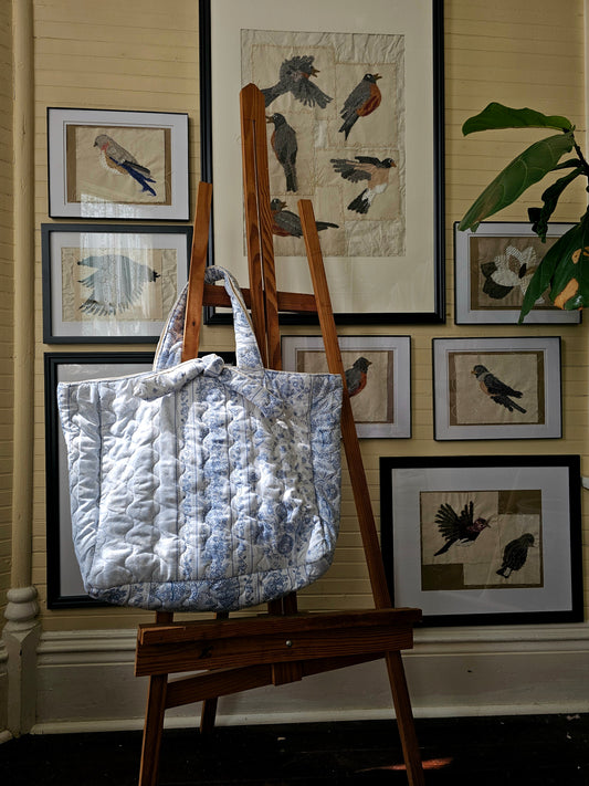 Handmade quilt bag, blue white quilted floral large oversized carryall tote fully lined cream canvas inside pocket tie closure grandmillennial