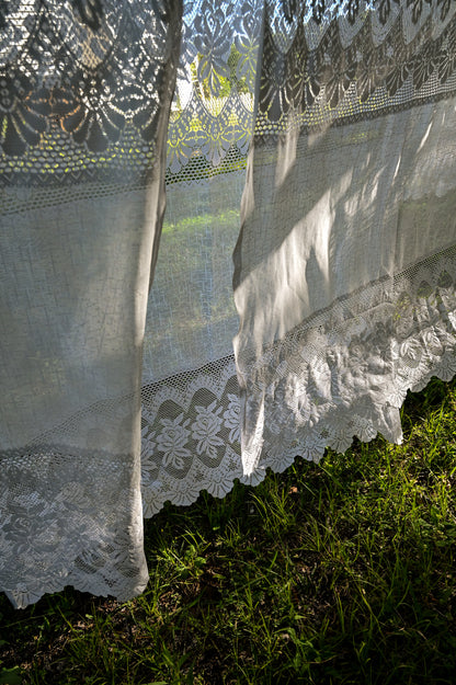 Vintage curtains, lace white floral rose set of 4 panels valance swag tiered scallop edge romantic
