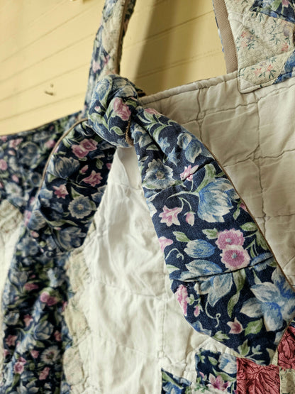 Handmade quilt bag, blue pink white patchwork floral large oversized carryall tote fully lined cream canvas inside pocket tie closure grandmillennial