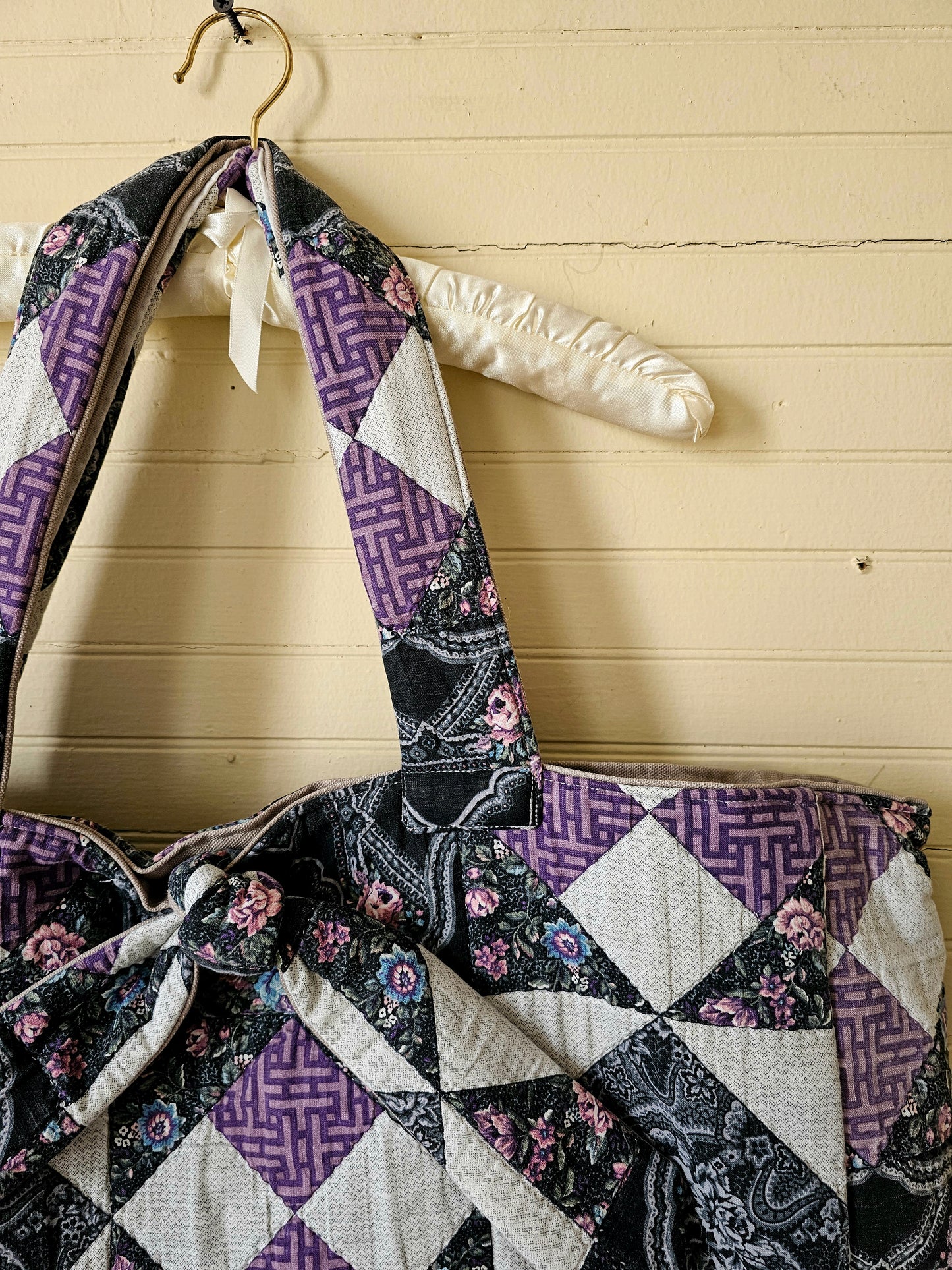Handmade quilt bag, purple black patchwork repurposed refashioned upcycled large oversized carryall fully lined gray canvas tie closure inside pocket granny chic