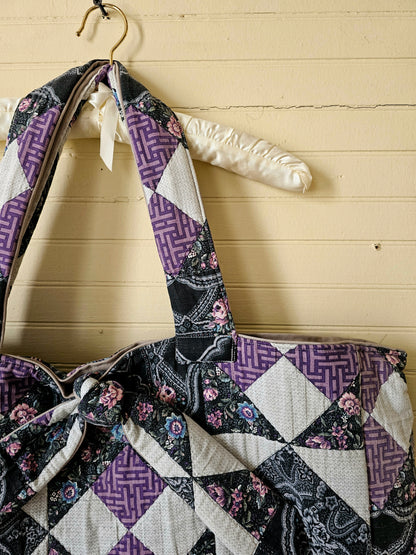 Handmade quilt bag, purple black patchwork repurposed refashioned upcycled large oversized carryall fully lined gray canvas tie closure inside pocket granny chic