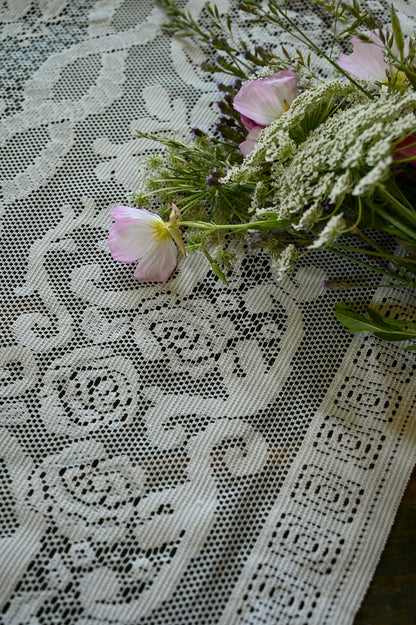 Vintage tablecloth, rectangle floral rose lace creamy white romantic dreamy country granny