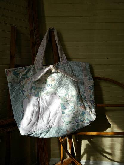 Handmade quilt bag, green pink patchwork floral large oversized carryall tote fully lined cream canvas tie closure inside pocket refashioned repurposed upcycled granny chic