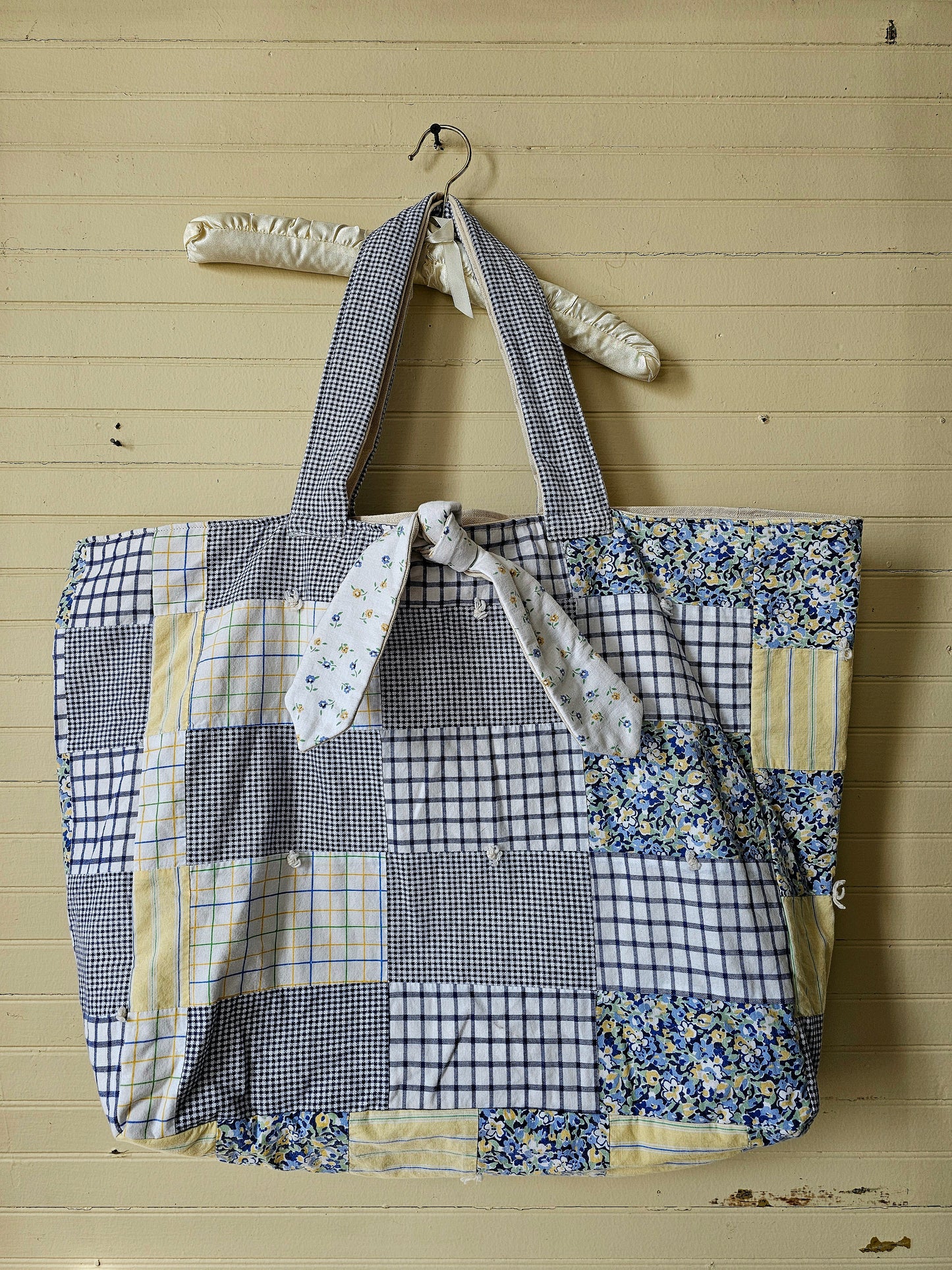 Handmade quilt bag, blue yellow upcycled repurposed refashioned patchwork large oversized carryall  tie closure inside pocket fully lined canvas granny chic