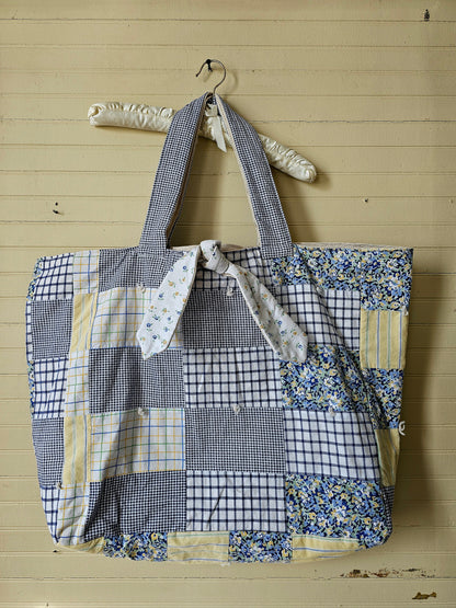 Handmade quilt bag, blue yellow upcycled repurposed refashioned patchwork large oversized carryall  tie closure inside pocket fully lined canvas granny chic