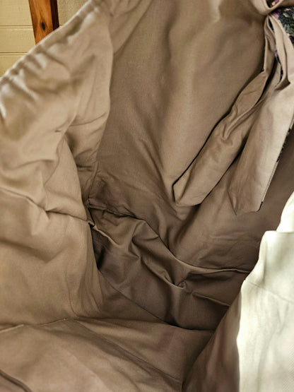 Handmade quilt bag, purple black patchwork repurposed refashioned upcycled large oversized carryall fully lined gray canvas tie closure inside pocket granny chic