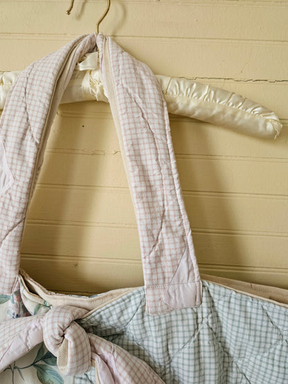 Handmade quilt bag, green pink patchwork floral large oversized carryall tote fully lined cream canvas tie closure inside pocket refashioned repurposed upcycled granny chic